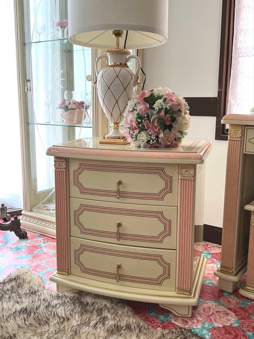 k414r120 イタリア製 ロココ調サイドチェスト 3段 白家具 姫系 ピンク