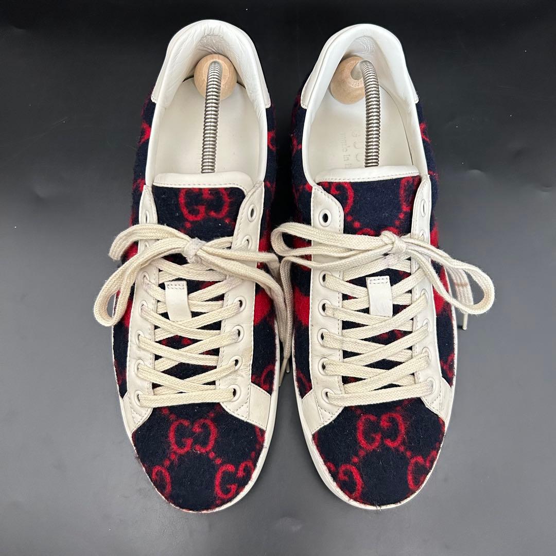 【極美品】グッチ GGウール ジャンボ スニーカー メンズ ニット 紺 26.5