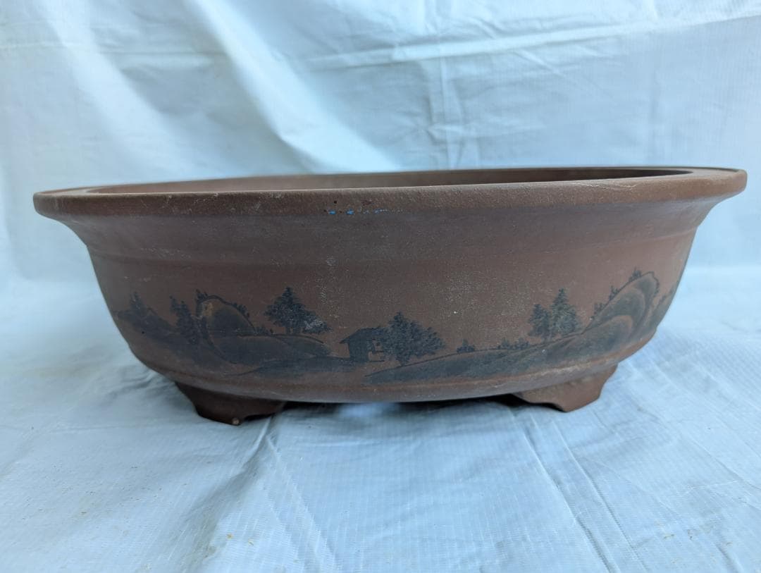 大型 盆栽鉢 絵鉢 外寸48×40cm 高さ14.5cm 楕円鉢 古鉢 作者不詳