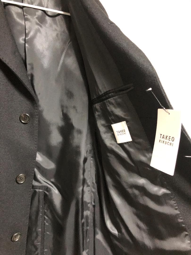 新品 タケオキクチ ウールｘカシミヤ スタンドカラーコート 黒 L