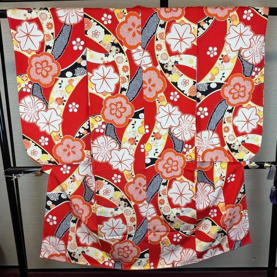 新品 四つ身 紅一点 180 赤 着物 こども 7歳 絹