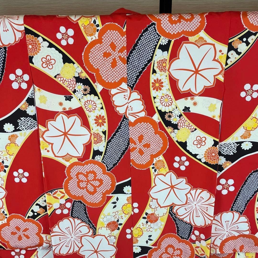 新品 四つ身 紅一点 180 赤 着物 こども 7歳 絹