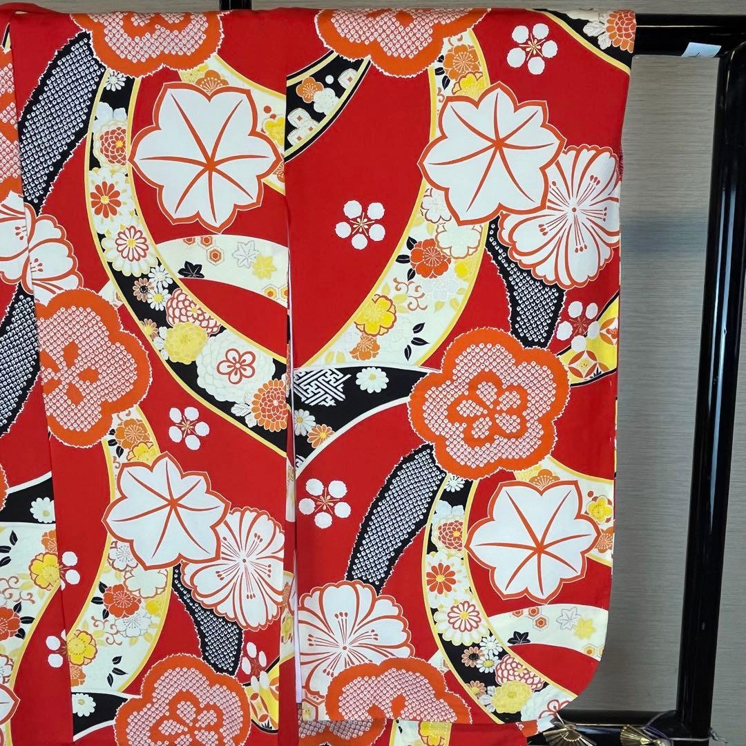 新品 四つ身 紅一点 180 赤 着物 こども 7歳 絹