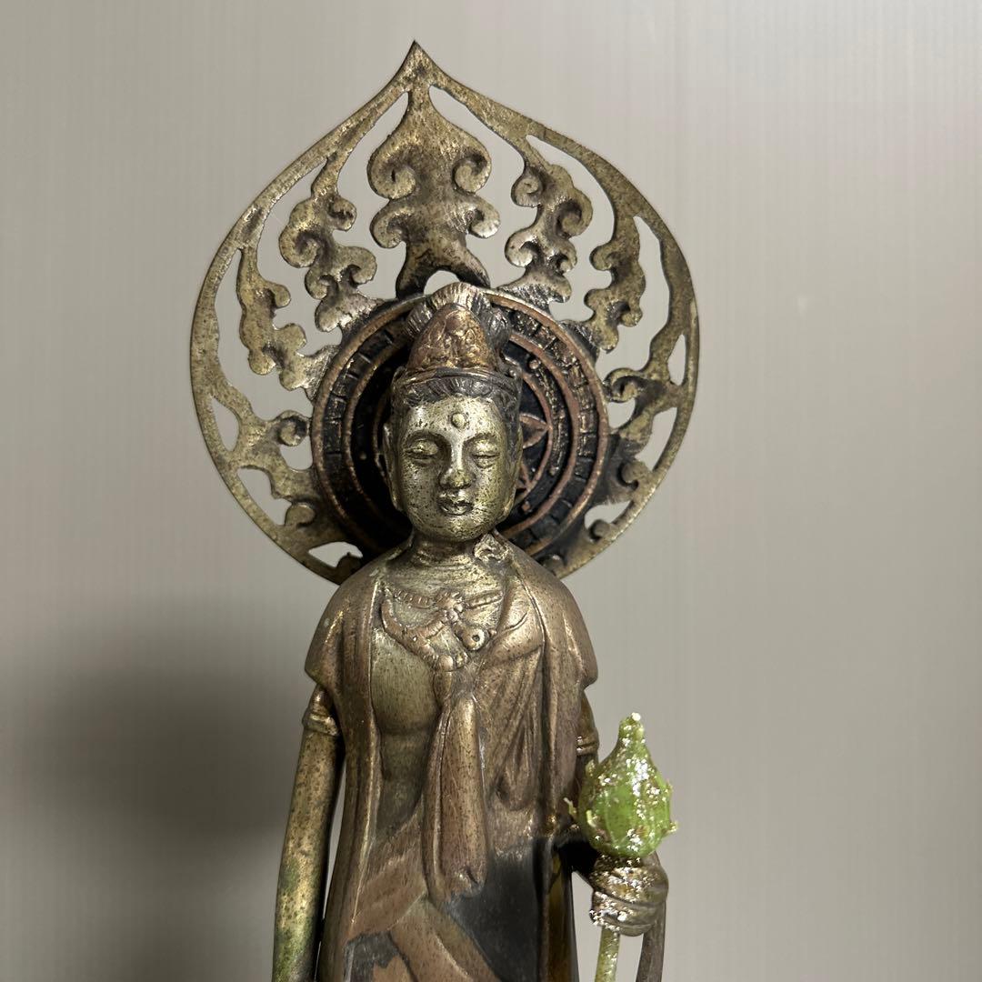 特大、銅製、観音、立像、38.センチ。塗り箱付き。