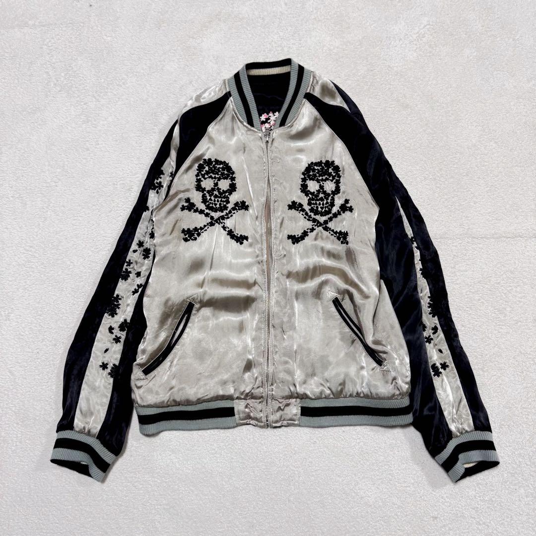 美品 花旅楽団 スカジャン ドクロ スカル 桜 リバーシブル ブラック M