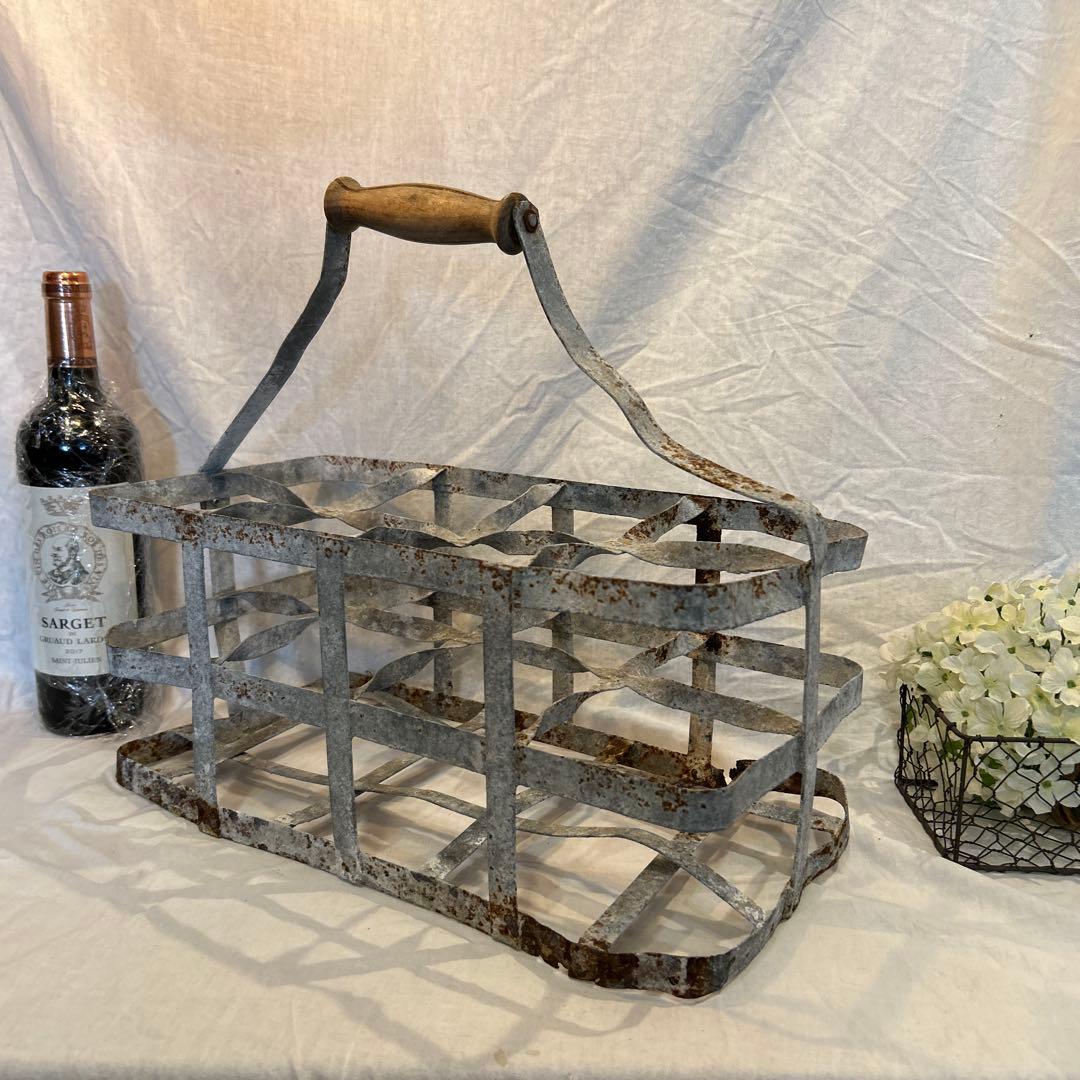 シャビー　フランスアンティーク ワインラック ワインキャリー8本 木製ハンドル