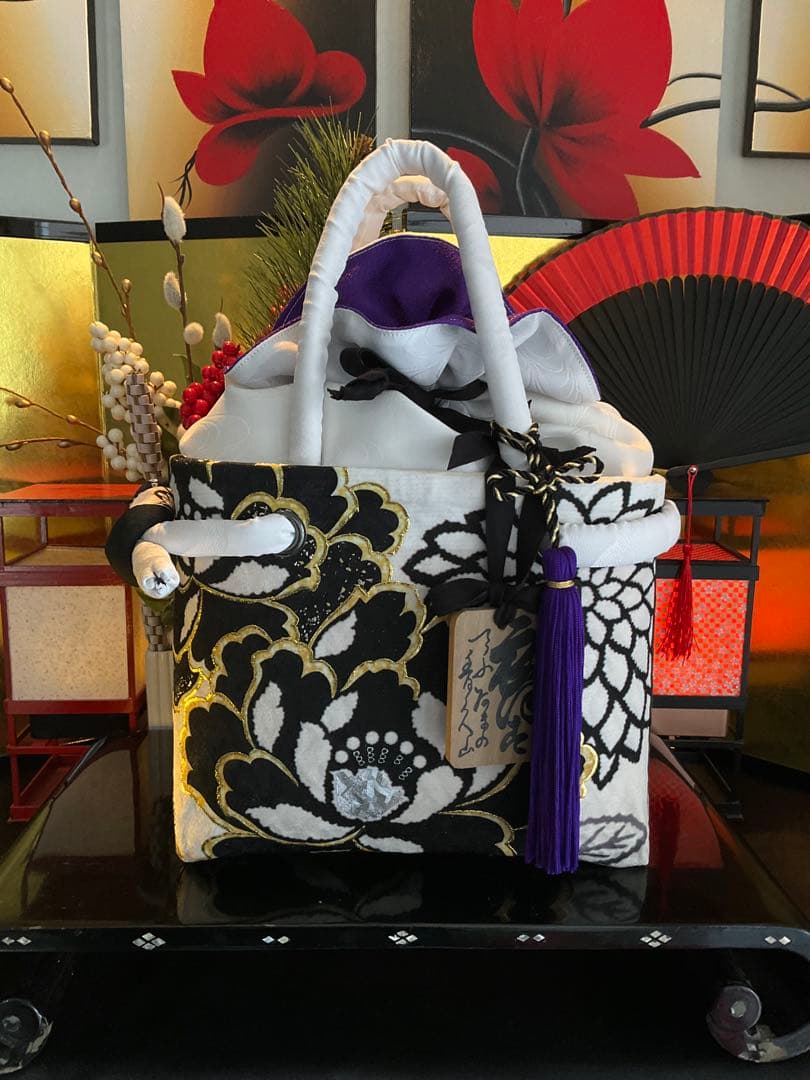 一閑張り　一閑張りバッグ　古文書　和紙　花絵柄　大正　着物　梅　京友禅　牡丹　菊