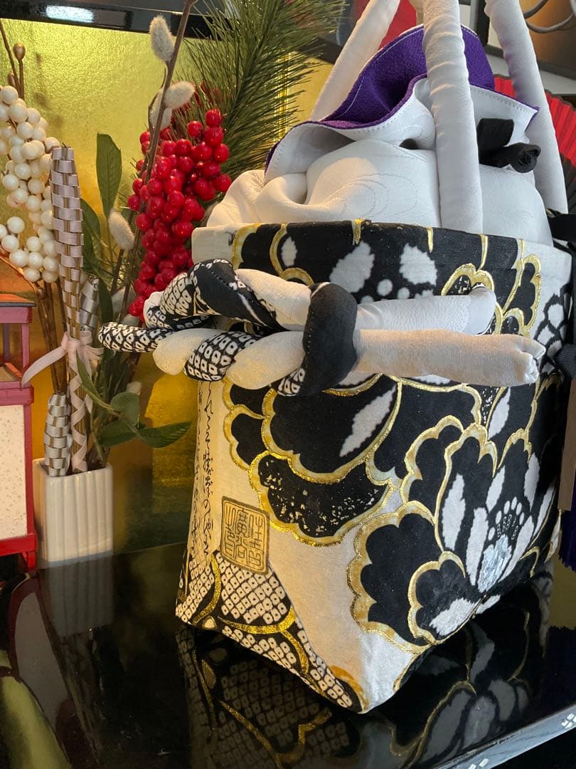 一閑張り　一閑張りバッグ　古文書　和紙　花絵柄　大正　着物　梅　京友禅　牡丹　菊