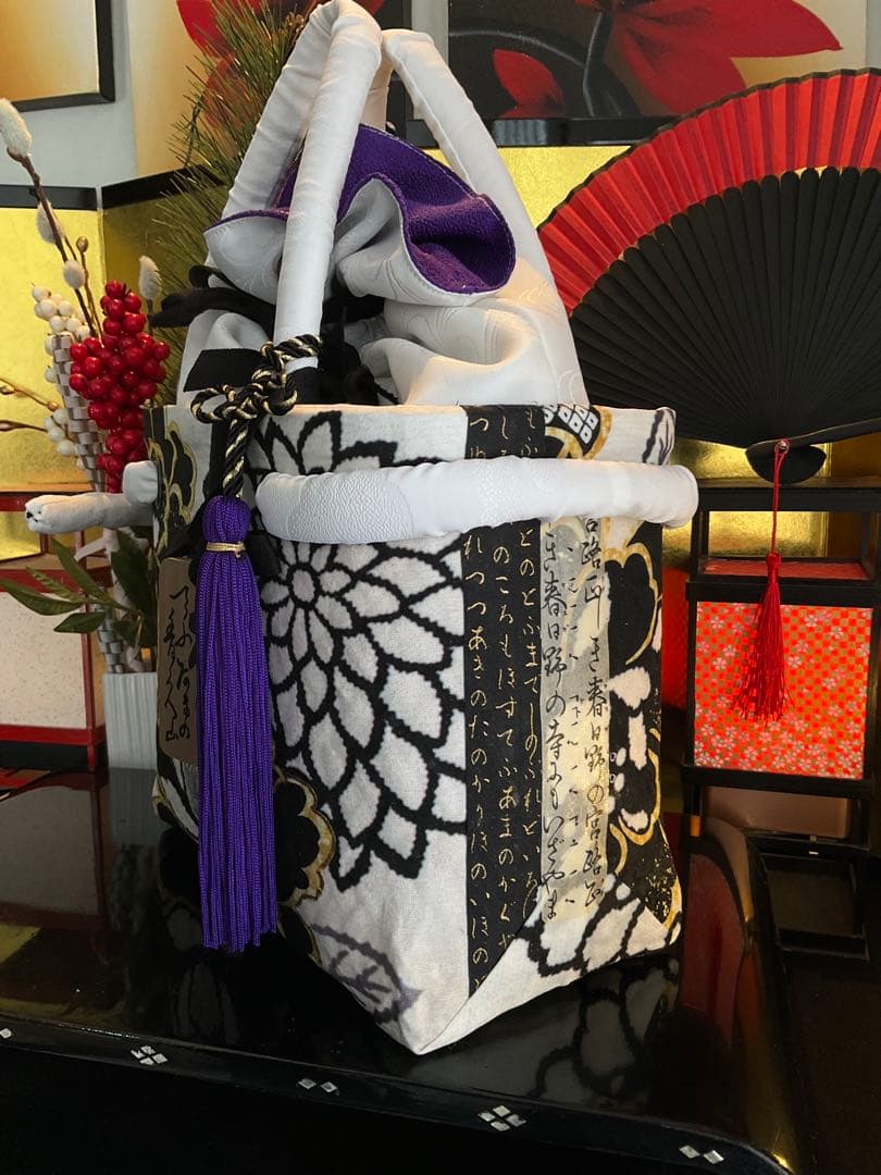 一閑張り　一閑張りバッグ　古文書　和紙　花絵柄　大正　着物　梅　京友禅　牡丹　菊