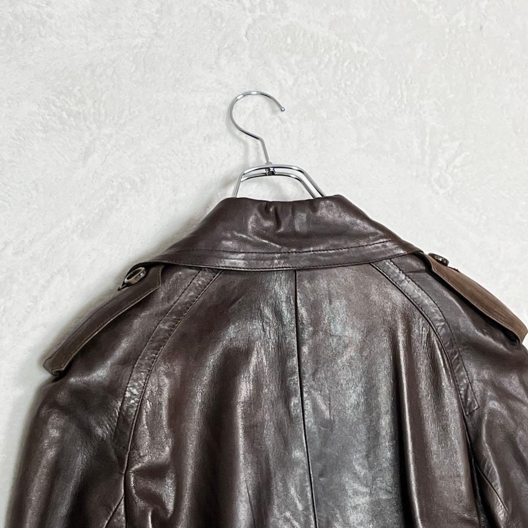 レザートレンチコート 本革 ブラウン ベルト ダブル釦 ヴィンテージ