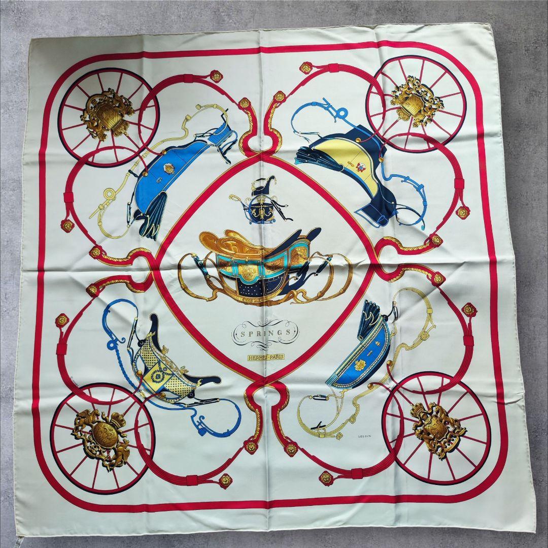 【未使用級】エルメス スカーフカレ90 SPRINGS スプリングス 白赤