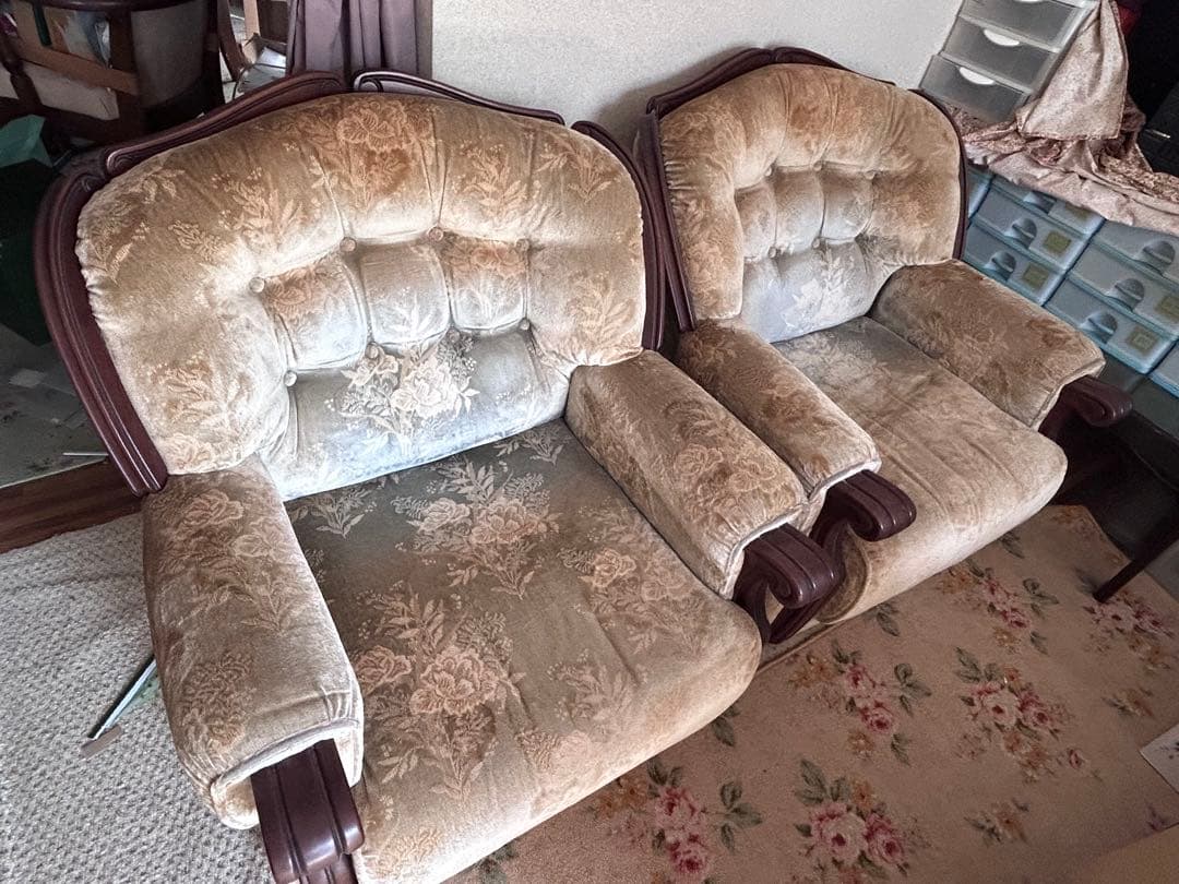 2脚まとめ 昭和レトロ オールドカリモク 金華山 1人掛け ソファー 花柄 千葉