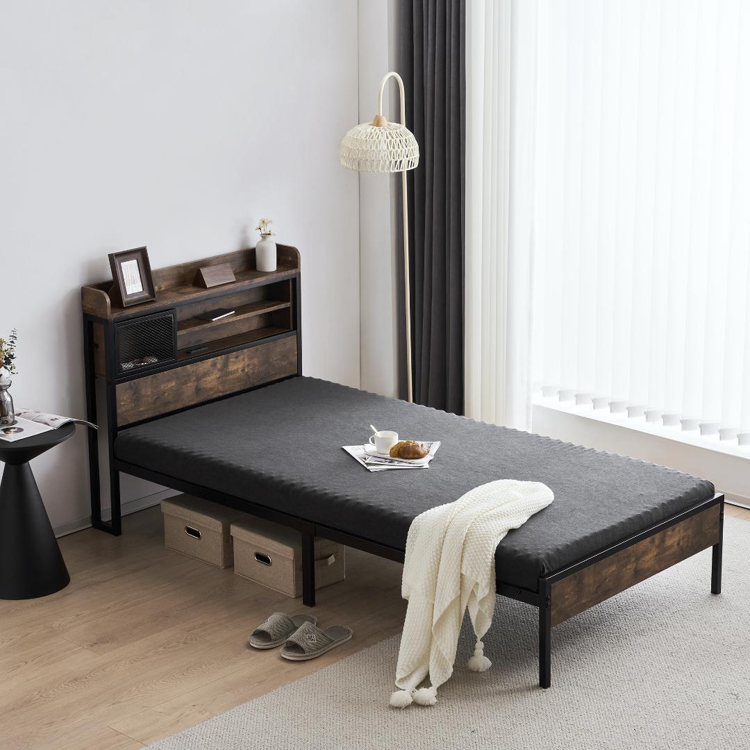 【Sシングル】ベッドフレーム　コンセント付き　宮付き　BLACK