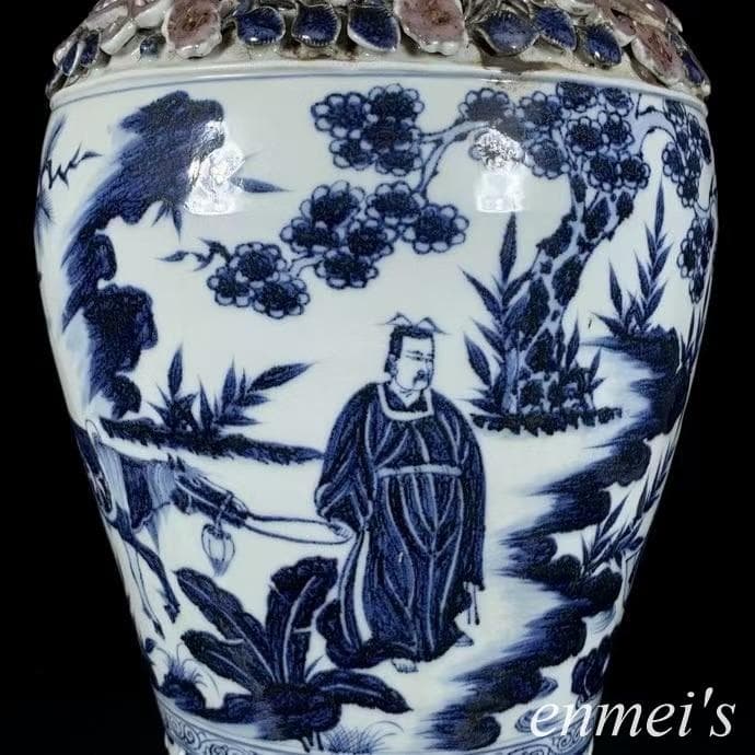 中国古美術✦青花釉裏紅捏花蕭何月下で韓信を追う梅瓶✦文房具・純手描き・陶芸・花瓶