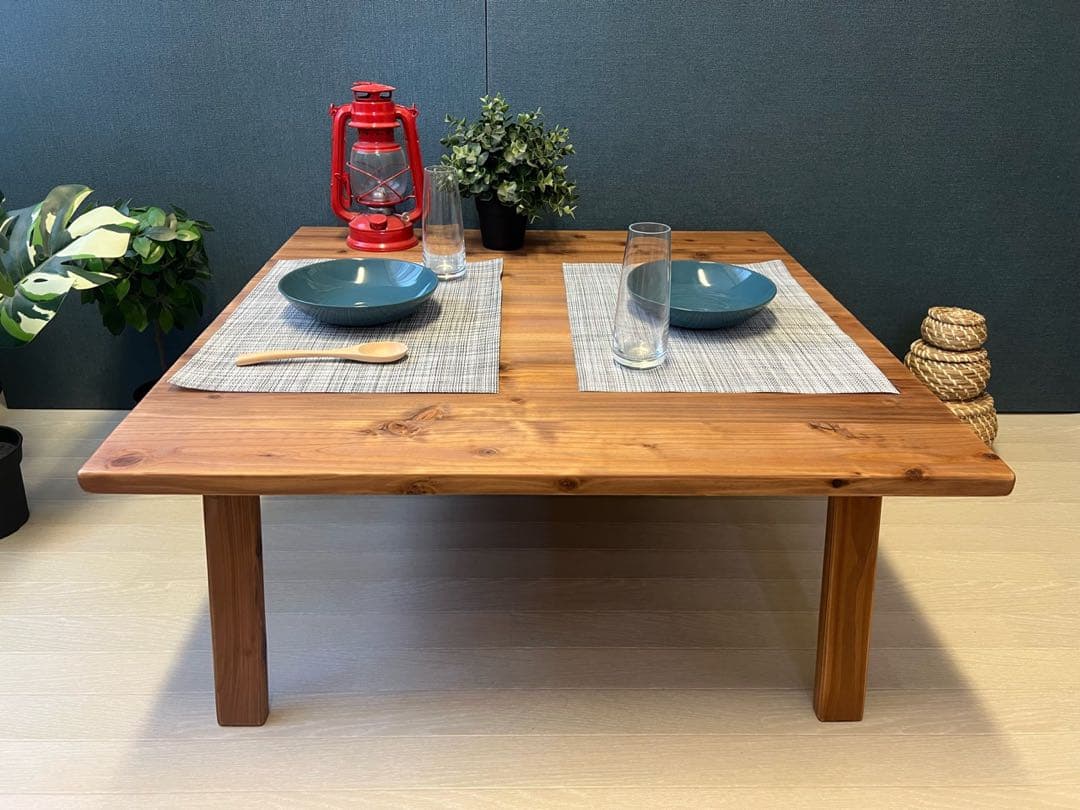 【送料無料】 ローテーブル 正方形 90cm 杉 ブラウン 折り畳み脚 ハ型