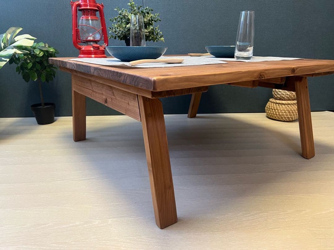 【送料無料】 ローテーブル 正方形 90cm 杉 ブラウン 折り畳み脚 ハ型