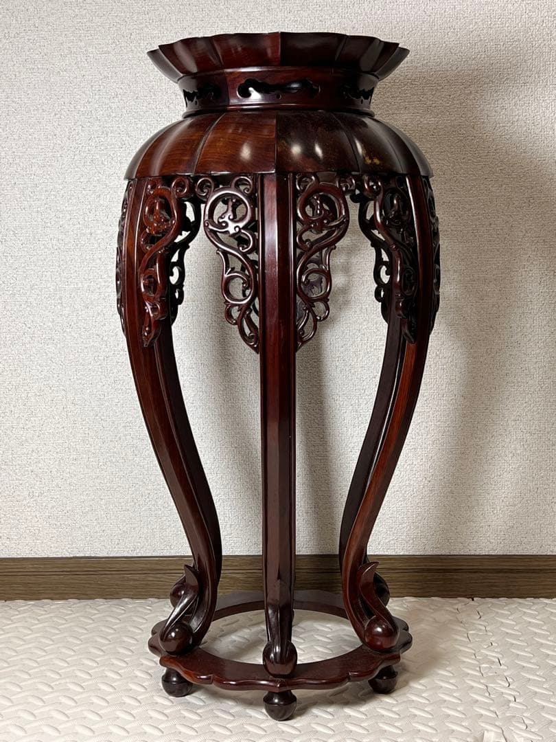 希少品 華道具 唐木 紫檀 ぶどう透かし彫リ 飾台 花台 香炉台 猫足 盆栽台