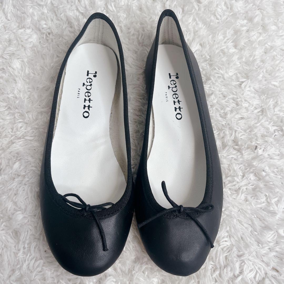 未使用級 レペット レザー ブラック バレエシューズ フラットパンプス 35