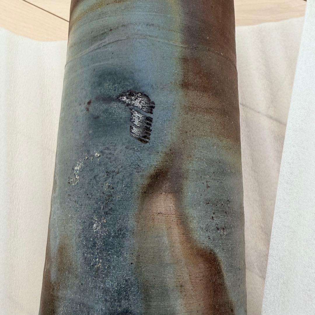 【新品】【備前焼】陶器の円筒形花器 グレーとブラウン