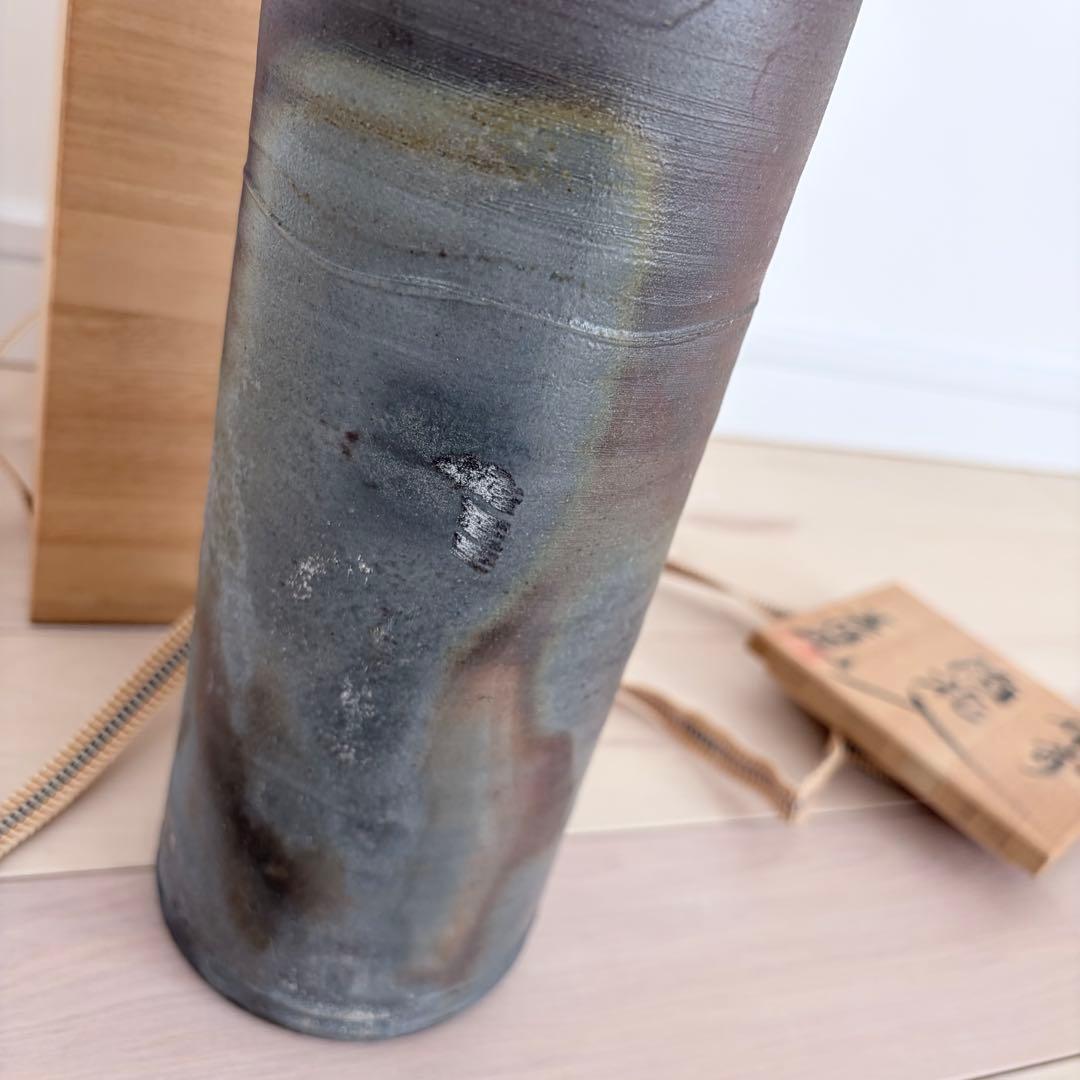 【新品】【備前焼】陶器の円筒形花器 グレーとブラウン