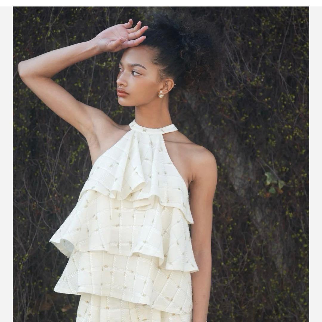 シェリエ candy check tweed ruffle frill tops