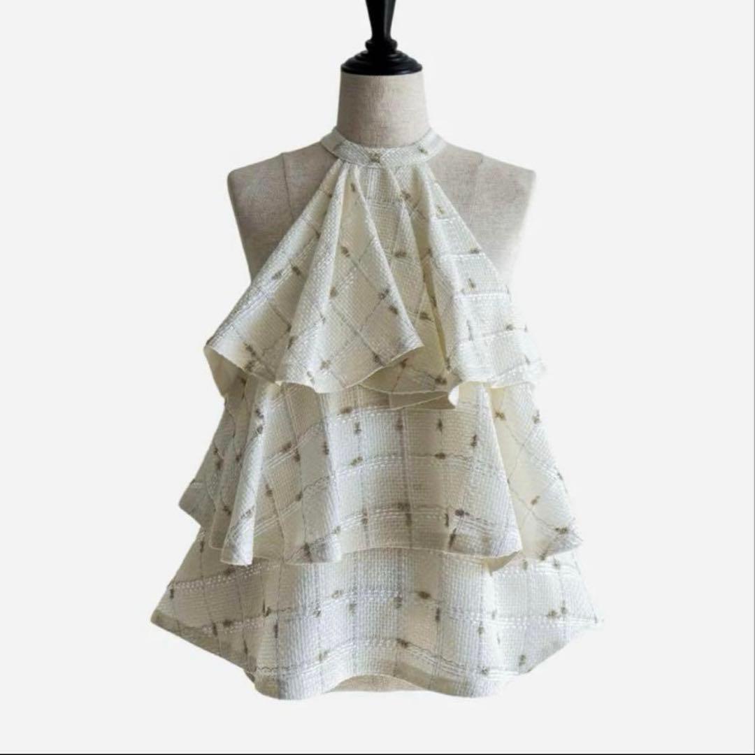 シェリエ candy check tweed ruffle frill tops
