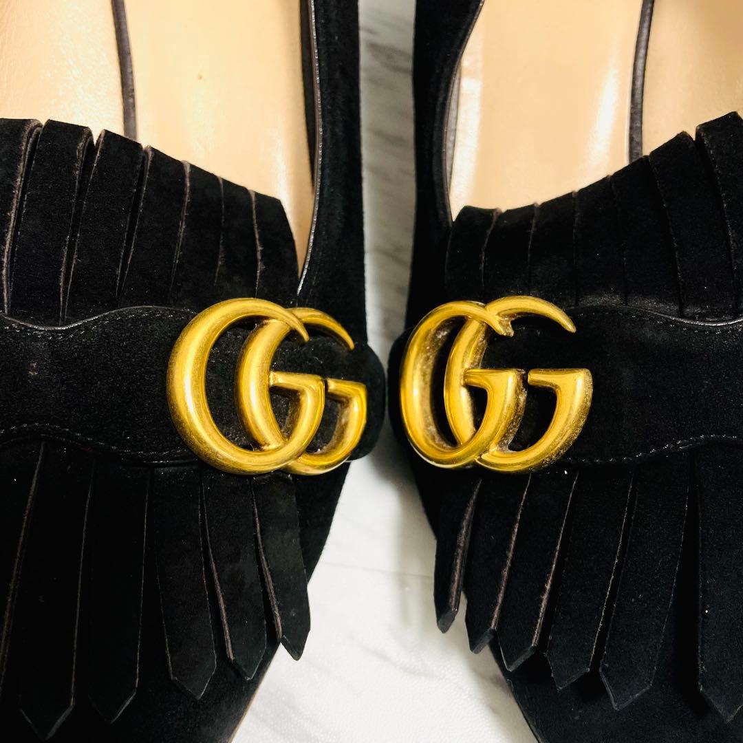 GUCCI GGマーモント フリンジ パンプス スエード 黒 25.5cm