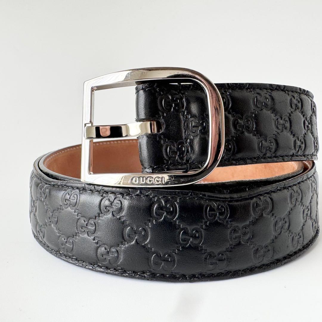 GUCCI　ベルト　マイクロシマ　GG柄　レザー　ブラック　シルバー