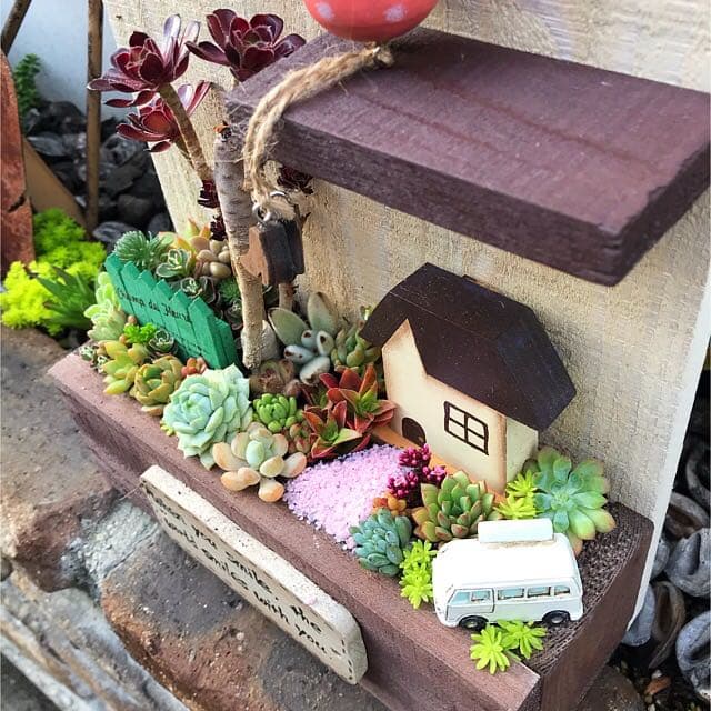 ★多肉植物　寄せ植え〜手作り木製プランターお家寄せ〜★