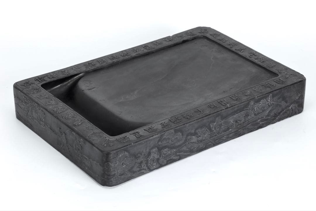 中国古玩 清乾隆帝御題詩刻 端渓石硯 12.5kg 唐木箱 書道具 古美術 骨董