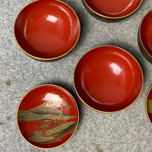 会津塗鉄錆塗木製蒔絵富士山吸物椀4個[B34143]
