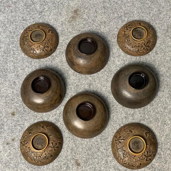 会津塗鉄錆塗木製蒔絵富士山吸物椀4個[B34143]