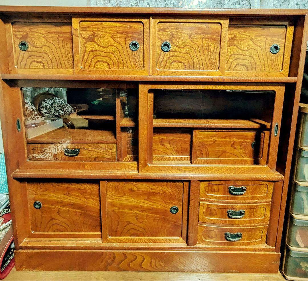 木製アンティーク箪笥 茶箪笥 飾り棚 茶棚 食器棚 収納 古家具 昭和レトロ