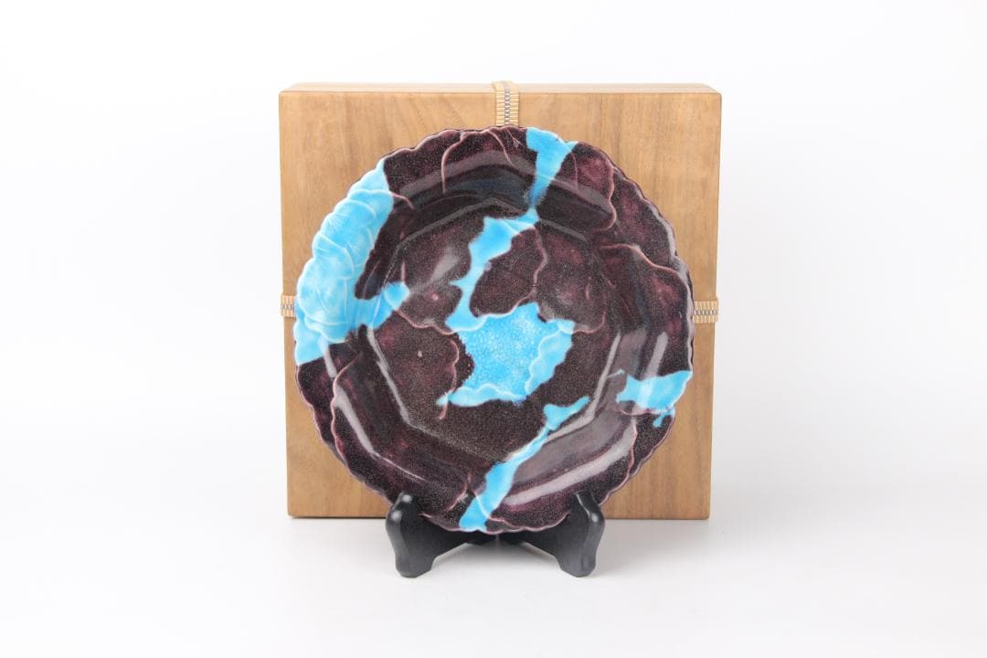 紀州 御庭焼 三楽園製 交趾　二彩　花模様　箱付 EM3-2