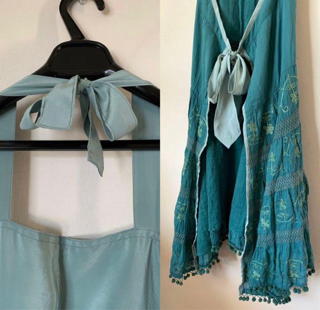 希少一点物　ガーゼワンピース　リメイクエプロン　金刺繍　ボンボン　プレゼント