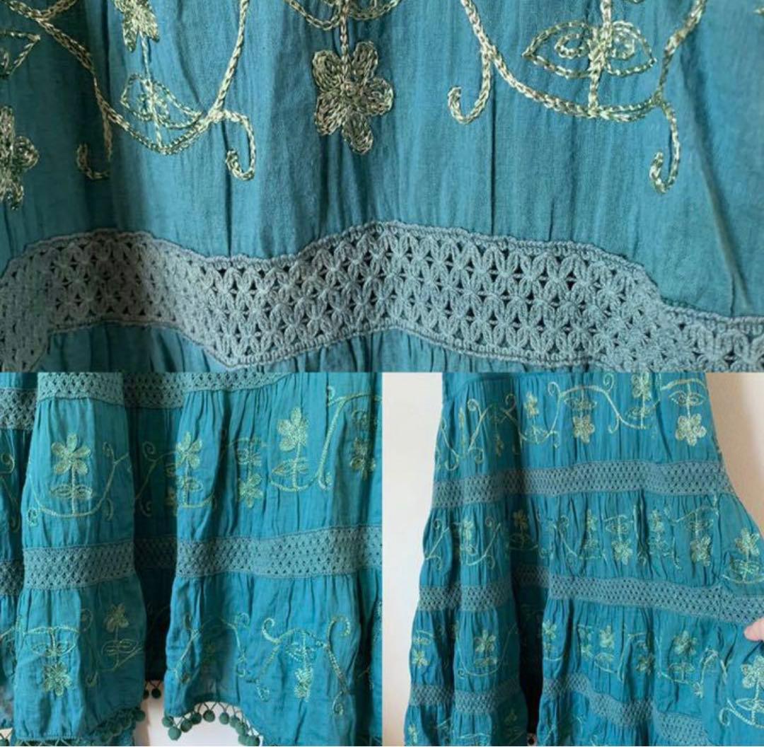 希少一点物　ガーゼワンピース　リメイクエプロン　金刺繍　ボンボン　プレゼント