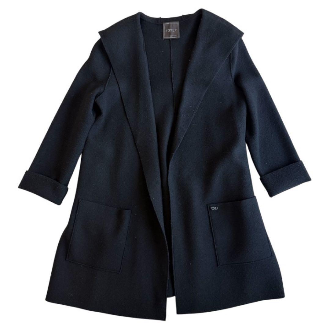 FOXEY フォクシー　ブラックフード付きコート