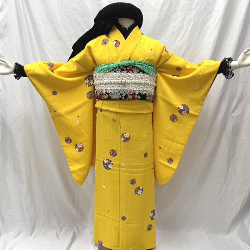 508aj27■ジュニア着物 十三参り 卒業式 縮緬 鞠 黄色 推し色■美品