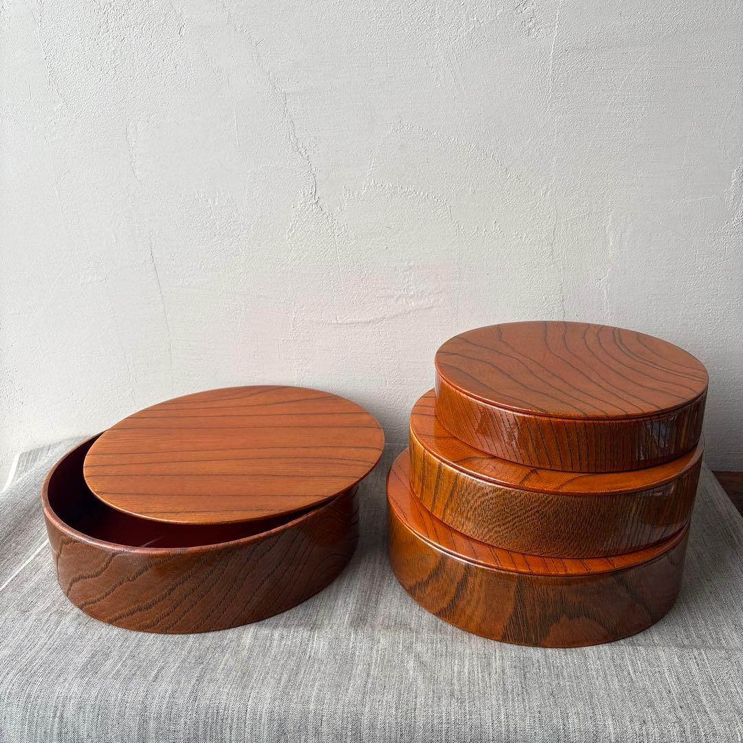 木製 重箱 4段 入子 欅 内朱塗り シンプル ストレージボックス 漆器 丸型