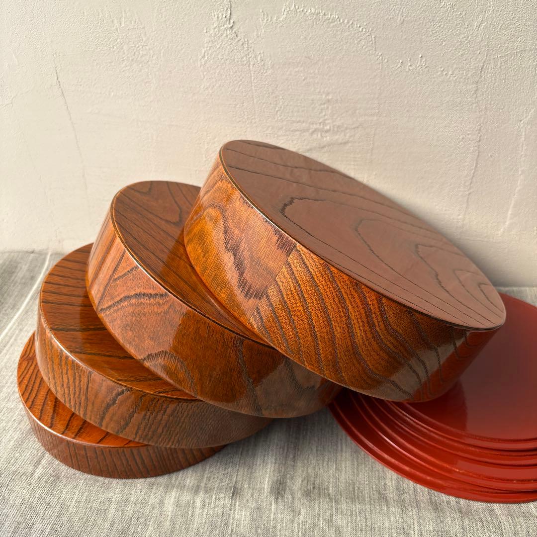 木製 重箱 4段 入子 欅 内朱塗り シンプル ストレージボックス 漆器 丸型