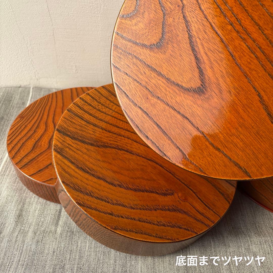 木製 重箱 4段 入子 欅 内朱塗り シンプル ストレージボックス 漆器 丸型
