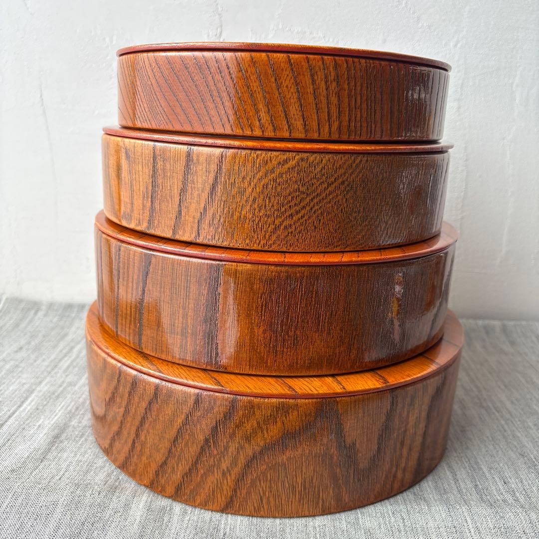 木製 重箱 4段 入子 欅 内朱塗り シンプル ストレージボックス 漆器 丸型