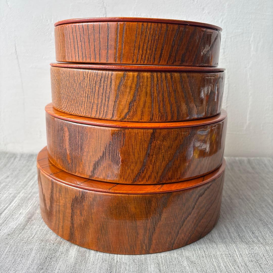 木製 重箱 4段 入子 欅 内朱塗り シンプル ストレージボックス 漆器 丸型