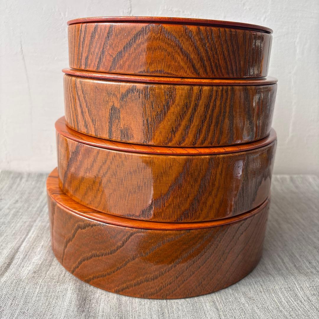 木製 重箱 4段 入子 欅 内朱塗り シンプル ストレージボックス 漆器 丸型