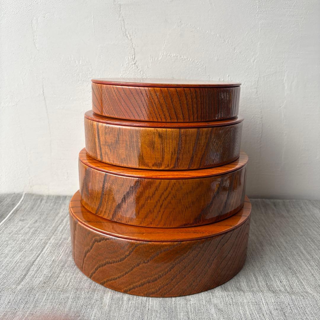 木製 重箱 4段 入子 欅 内朱塗り シンプル ストレージボックス 漆器 丸型