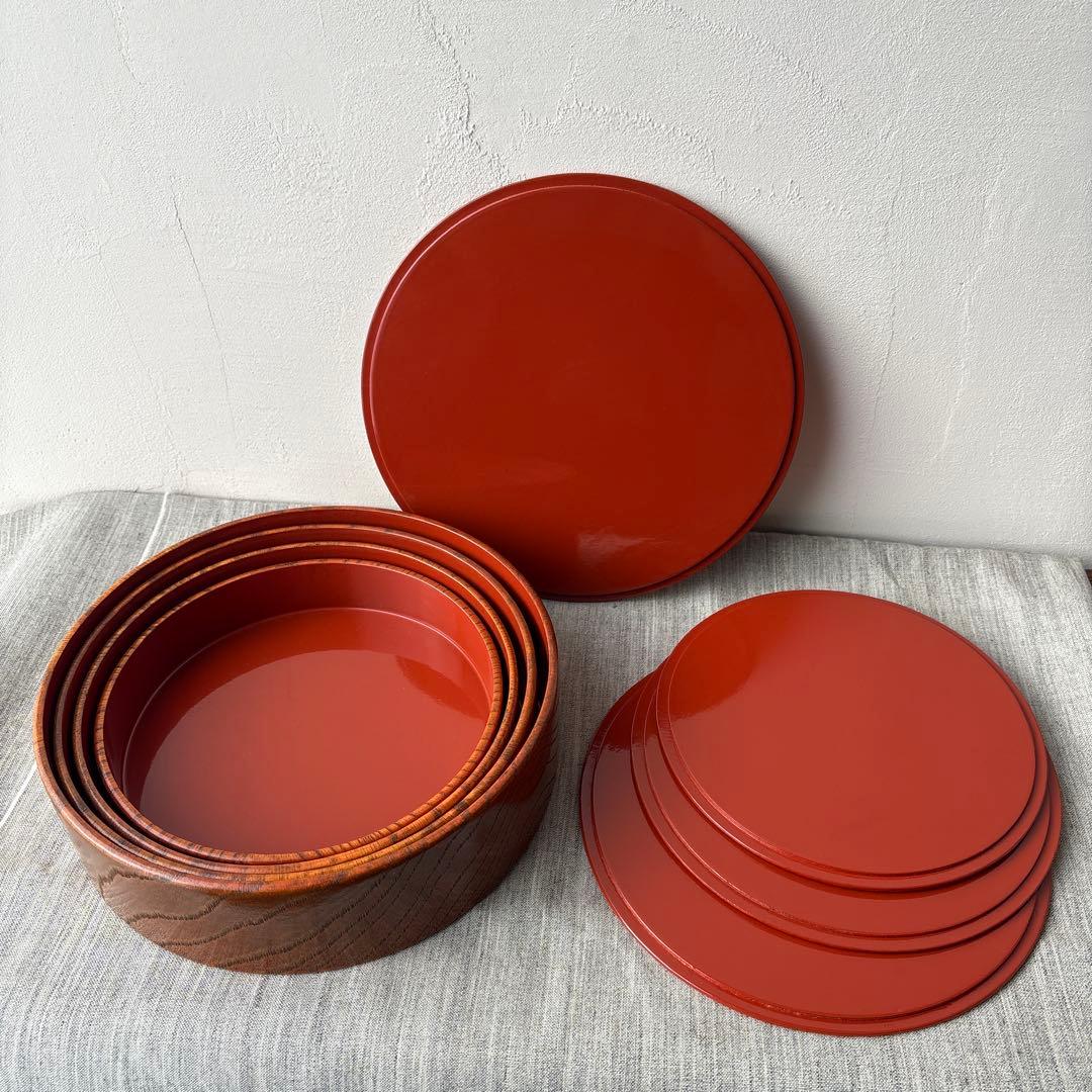 木製 重箱 4段 入子 欅 内朱塗り シンプル ストレージボックス 漆器 丸型