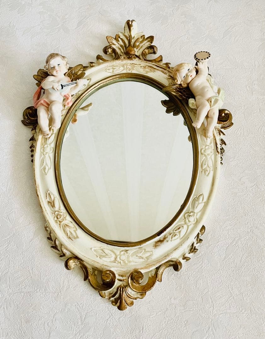美品　イタリア製ロココ調　エンジェル壁掛け鏡