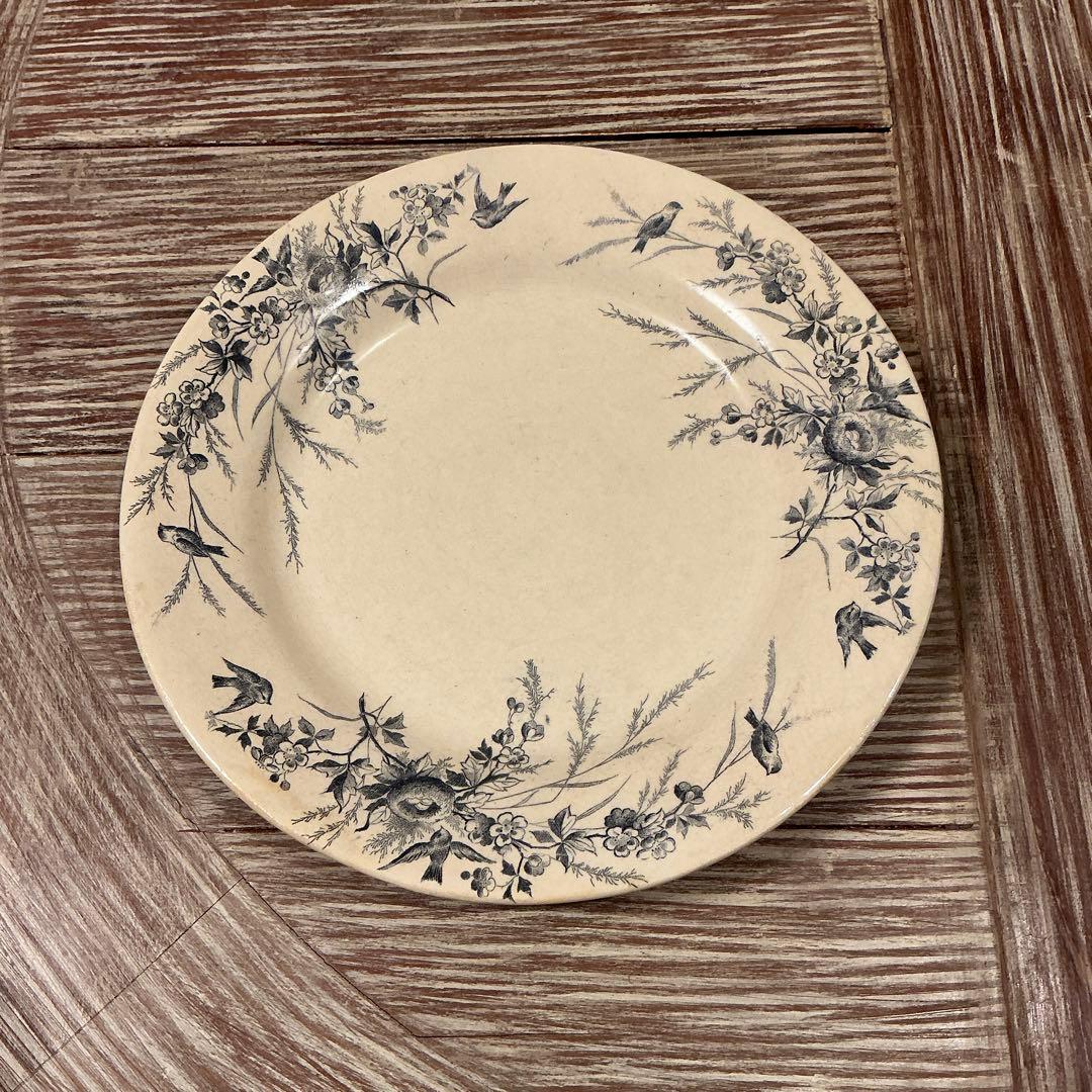 美品　フランスアンティーク　クレイユモントローリノットプレート　花　鳥