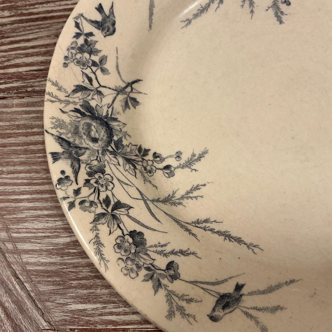 美品　フランスアンティーク　クレイユモントローリノットプレート　花　鳥
