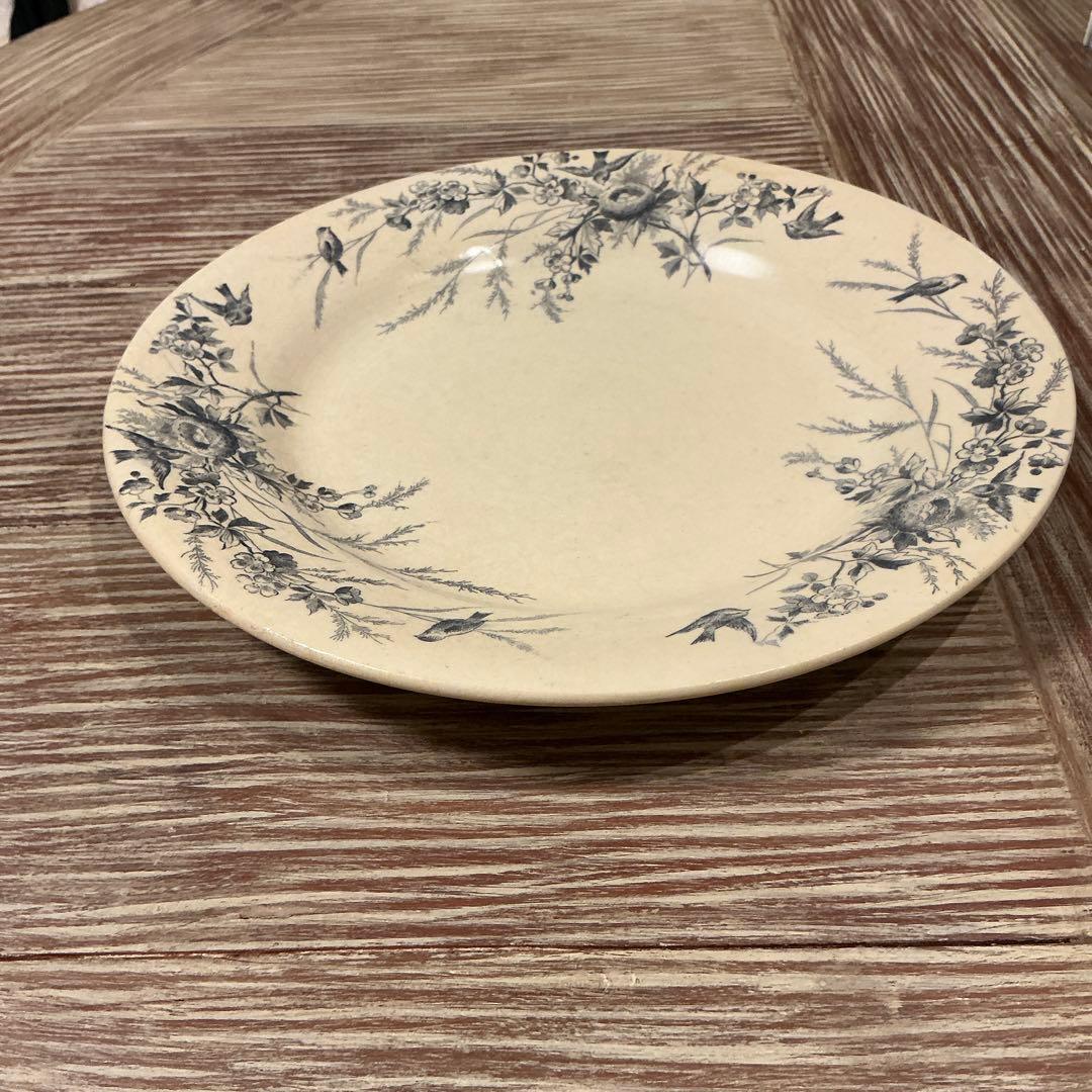 美品　フランスアンティーク　クレイユモントローリノットプレート　花　鳥